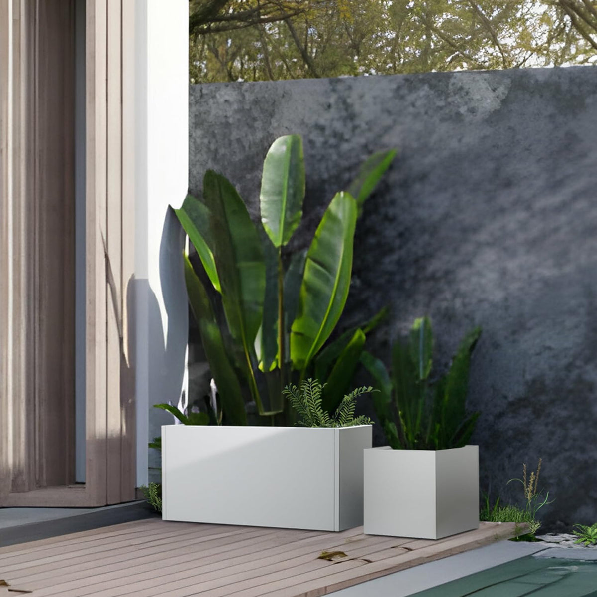 White Steel Planter Outdoor Indoor Planter Box Galvanized Steel Metal Large Planters Rectangular Flower Pot 31.5 In L x 16 In W x 16 In H Modern Commercial Residential for Trees Patio Deck Yard Garden