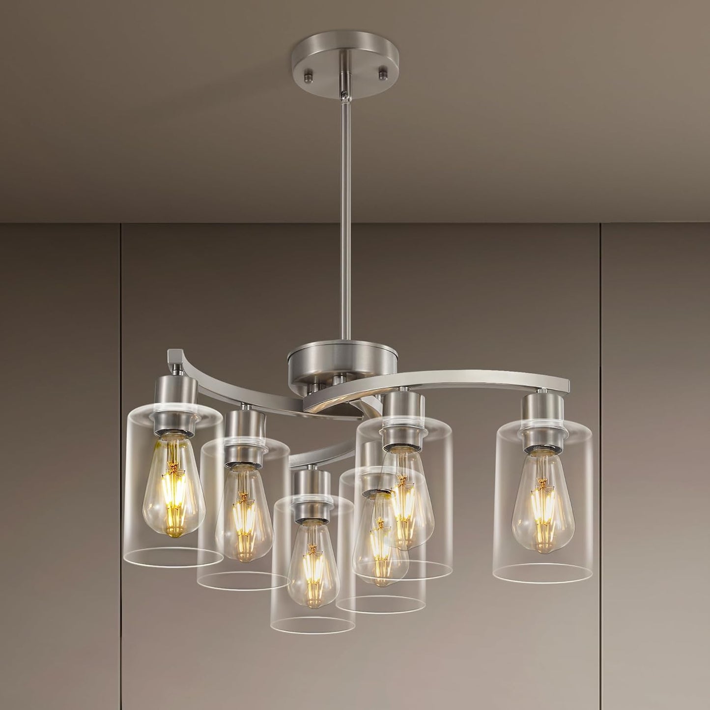 6 Light Modern Brushed Nickel Pendant Light Fixture For Dining Room，Contemporary Kitchen Light Fixtures Brushed Nickel，Adjustable Height Farmhouse Dining Chandeliers Over Table，With Glass Shade