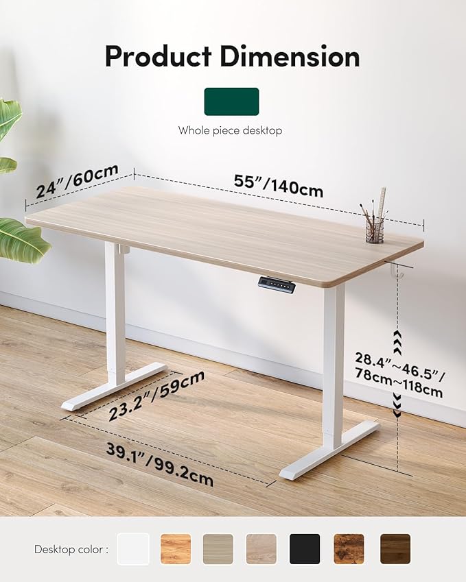 FEZIBO One-Piece Standing Desk Adjustable Height Stand up Home Office Desk, 55x24 Inch Electric Standing Computer Desk, with 4 Memory Presets, Headphone Hook, Light Walnut