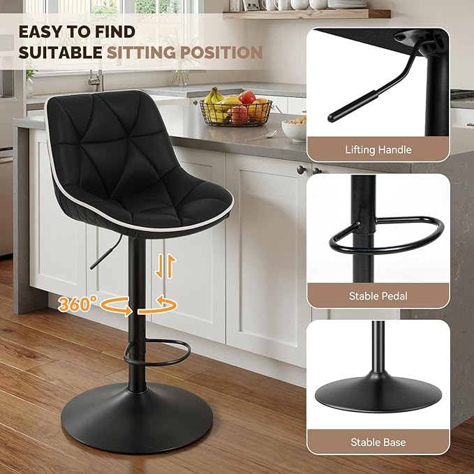 Nalupatio Bar Stools Set of 2, Adjustable Swivel Counter Height Bar Stools with Back, Armless Modern Barstools for Kitchen Island & Home Bar, Upholstered Seat,（Black）