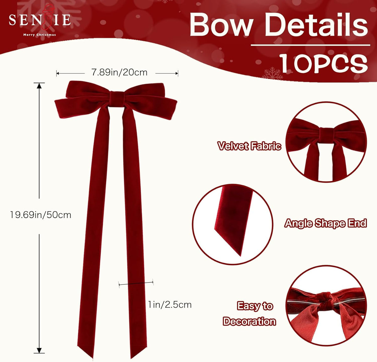 Senjie 10Pcs Large Velvet Christmas Tree Bows, 20in x 8in Premade Vintage Ribbon Tree Topper Bows Ornaments for Staircase Garland Wreath Holiday Home DIY Crafts Decorations, Burgundy