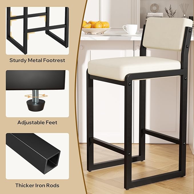 Bar Stools Set of 6, Fabric Counter Height Bar Stools with High Back and Metal Legs, Upholstered Bar Chairs, 26" Modern Barstools for Kitchen Island, Beige