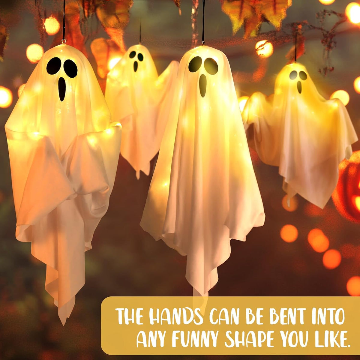4Packs Hanging Ghosts Halloween Decor, LED Light Up Halloween Ghost Decorations, Spooky Cute Ghost Ornaments for Home Tree Garden Front Porch Yard Fall Party Holiday Decoration Outdoor 19.6", White