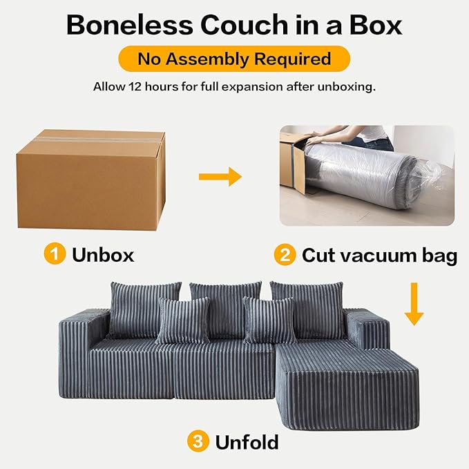 Boneless Couch, Memory Foam Couch in a Box, 100.7" Modular Sectional Couches Corduroy Fabric, Modern Sofa with Deep Seat, Compressed Sofa for Living Room, Bedroom (Grey, Right Facing Chaise)