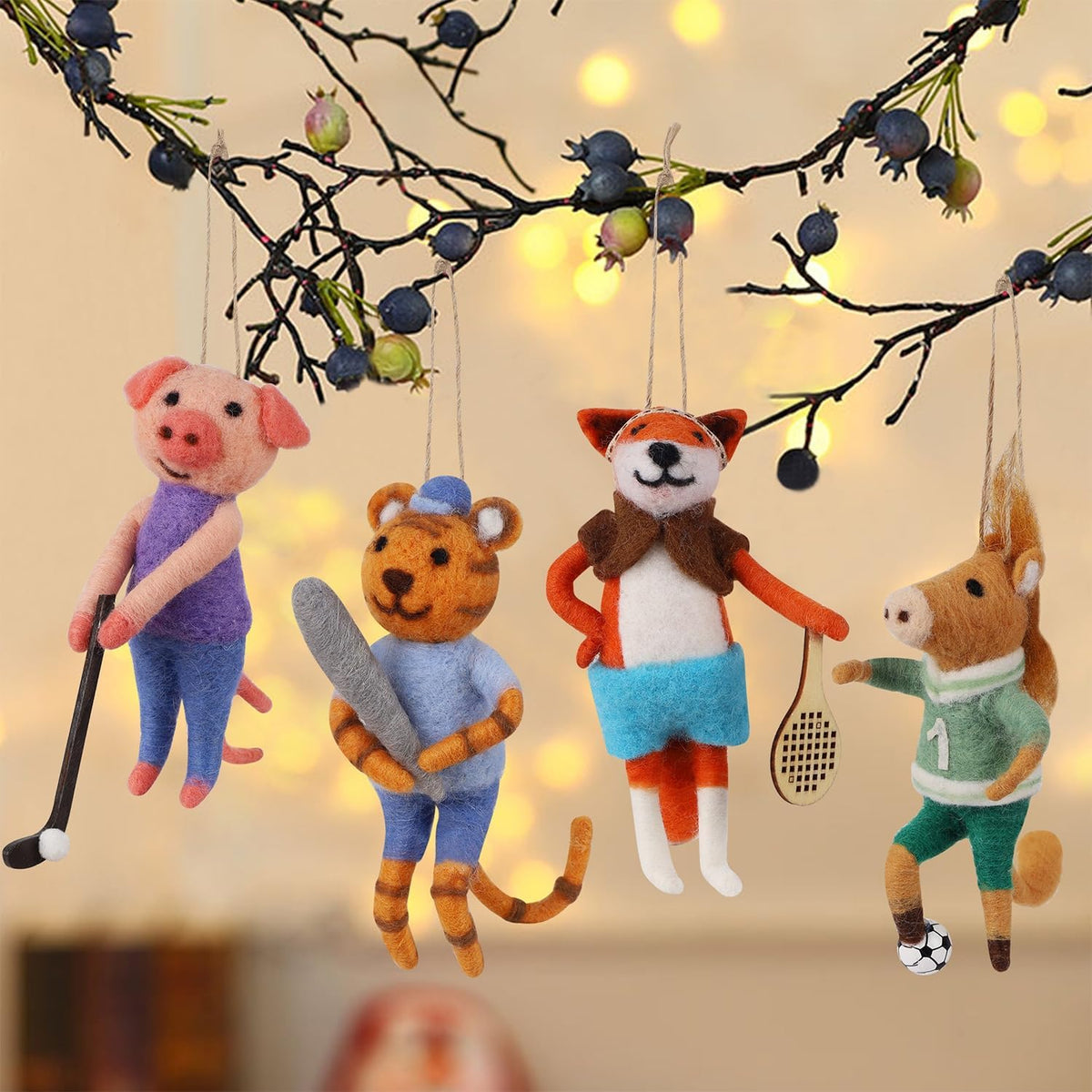 Set of 4 Christmas Felt Animal Athletes Ornaments, 5" Mini Hanging Wool Player Figurines, Tiered Tray Tabletop Decor, Animal Crafts Xmas Tree Festival Holiday Easter Gifts Home Office Party Supply