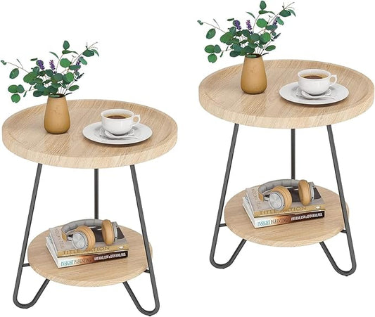 Tribesigns Set of 2 Round Side Table, 2-Tier End Table with Metal Legs, Modern Industrial Beside Table, Small Accent Table Snack Table for Living Room, Bedroom, Small Space, Wood Color