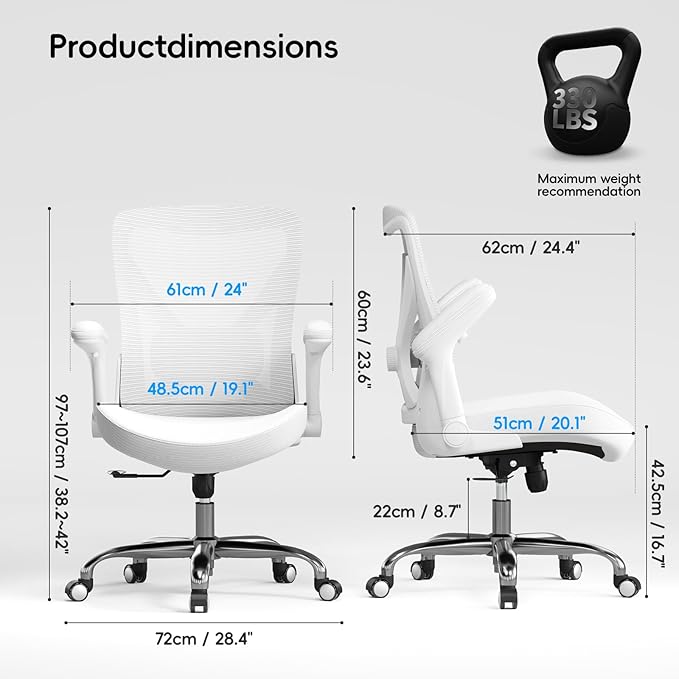 Office Home Ergonomic Desk Chair-Computer X-Shaped Chair Mesh PU Leather with Adjustable Lumbar Support-Executive Chair High Back Flip-Up Arms for Long Hours (White-No Headrest)