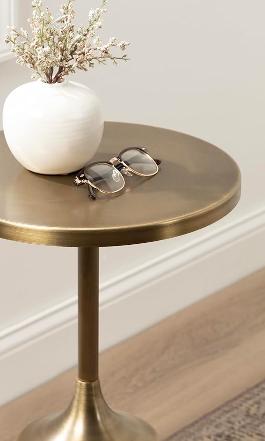 Kate and Laurel Whelan Modern Metal Round Side Table, 14 x 14 x 24, Antique Brass and Walnut Brown, Transitional Sculptural Indoor Plant Stand for Living Room End Table or Bedroom Nightstand