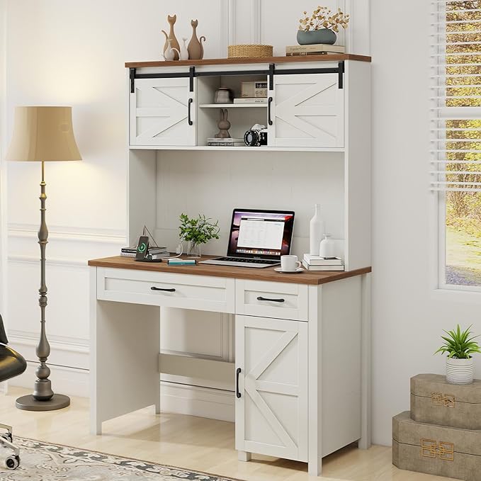 Farmhouse 47" Executive Computer Desk with 2 Drawers and Storage Cabinet, Home Office Desk with Hutch and Charging Station, Workspace for Work and Study (White&Brown).