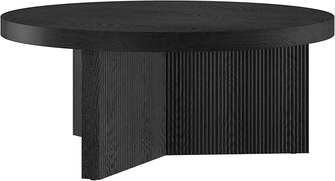 Henn&Hart 36" Fluted Round Low-Profile Coffee Table with Ribbed Pedestal Base for Living Room, Family Room, or Office, Black Grain