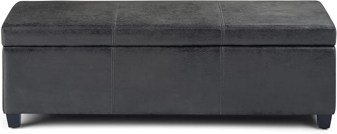 SIMPLIHOME Avalon Storage Ottoman Bench - 48 inch Wide Upholstered Vegan Leather Rectangular Lift-Top Ottoman in Distressed Black, Contemporary Storage Bench for Living Room with High-Density Foam