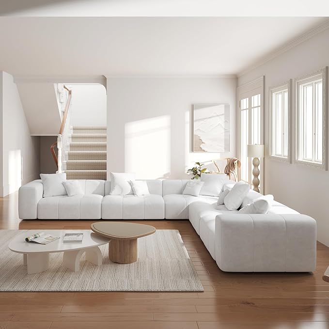 JACH V-Shaped Modular Sectional Sofas for Living Room, Modern Cloud Couch, Mid Century Modern Modular Sofa, Cozy Sleeper Sofa for Living Room (Linen Fabric, White)