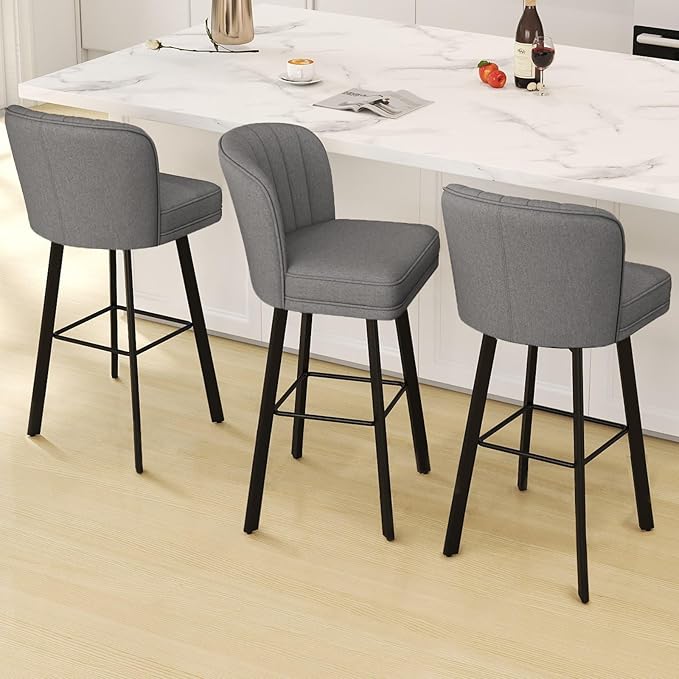 Swivel Counter Height Bar Stools Set of 2, 30'' Modern Barstools with Backs and Metal Legs, Upholstered Bar Chairs,Mid-Gray,Fabric Stools for Kitchen Island Chairs
