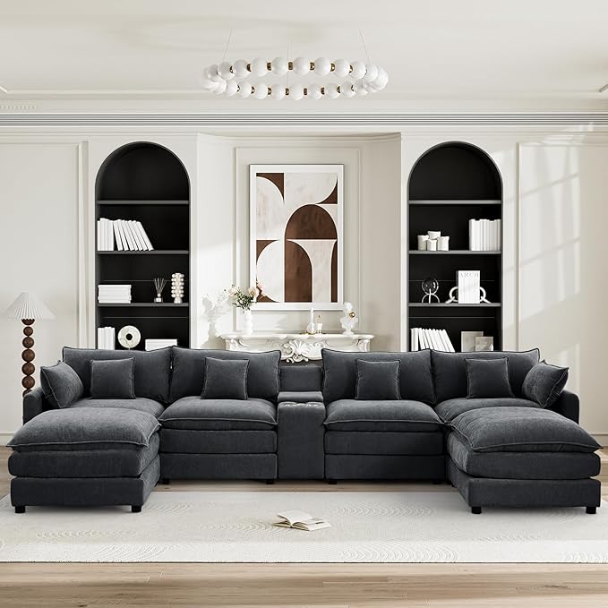 HYJT-H&K 145" U Shaped Cloud Couch Modular Black Sectional Couches for Living Room, Comfy Fluffy Chenille Oversized Cloud Sectional Couch Large 6 Seat Sectionals Sofa Set Central Console USB Port