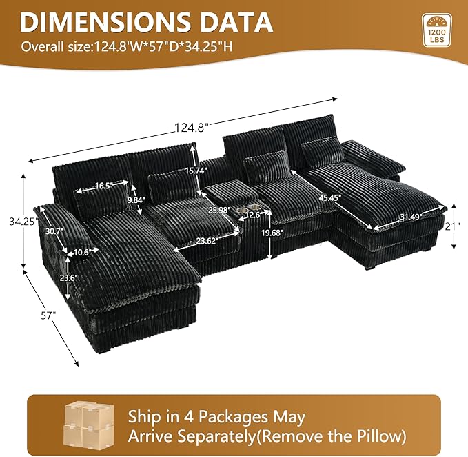 HYJT-H&K 124" U Shaped Cloud Couch Sectional, Comfy Plush Fluffy Corduroy Dark Grey Sectional Couches for Living Room, Modern Modular Corduroy Couch Sectionals with Central Console & Double Chaise