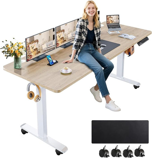 farexon Electric Standing Desk Adjustable Height, 63x24 Inches Computer Desk with Rolling Wheels, Dual-Beam Frame,Mouse Pad,Spliced Table Tops,Multifunctional Stand up Desk for Home/Office(Oak Gray)