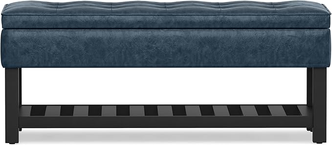 SIMPLIHOME Cosmopolitan Storage Ottoman Bench - 44 inch Wide Upholstered Vegan Leather Rectangle Storage Ottoman in Denim Blue, Transitional Bench for Bedroom with Tufted Lift-Top and Open Shelf