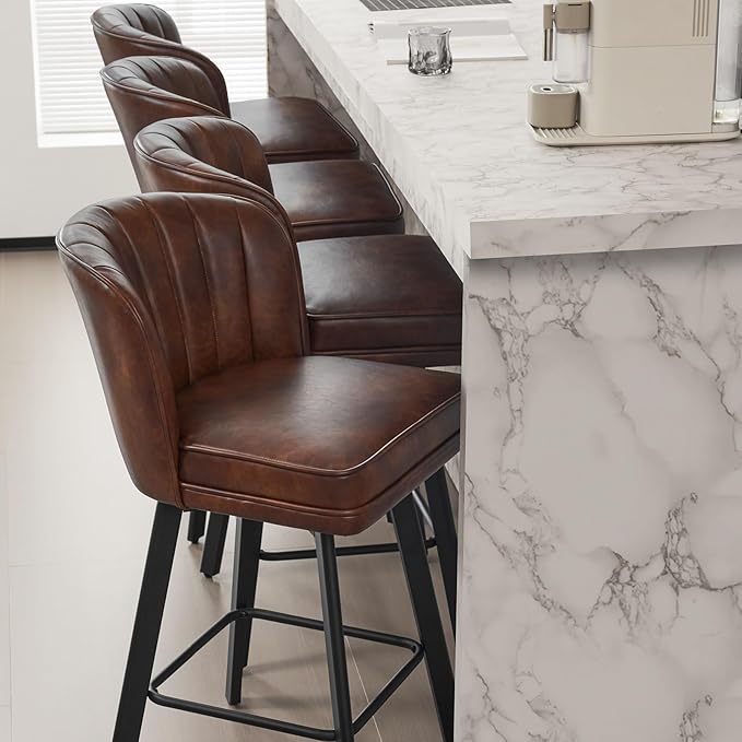 Swivel Counter Height Bar Stools Set of 2, 30'' Modern Barstools with Backs and Metal Legs, Upholstered Bar Chairs, Faux Leather Brown Stools for Kitchen Island Chairs