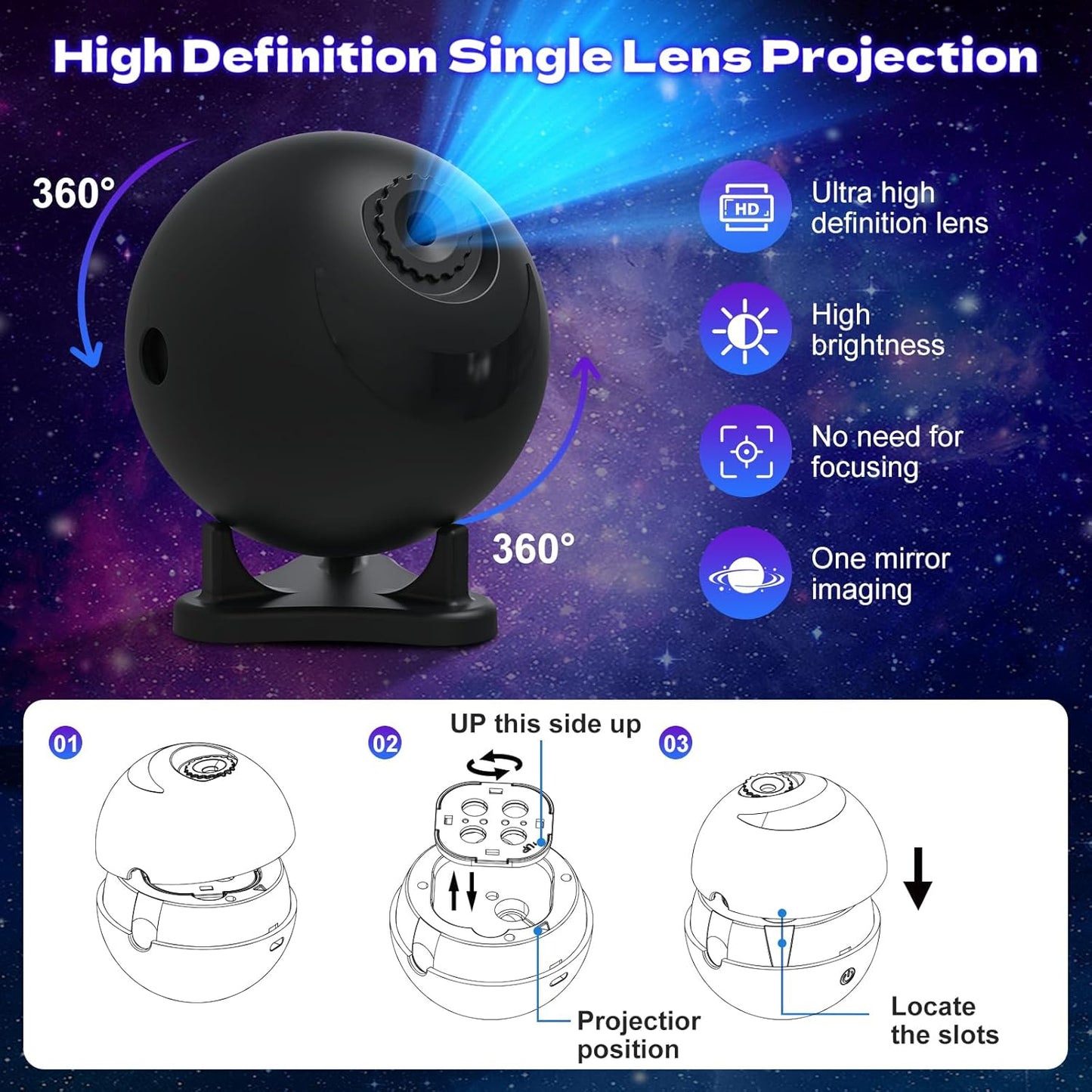 Galaxy Star Projector Night Light, 12 Film Discs, Ultra HD Projection, Whisper-Quiet, USB Powered, Auto Shut-Off
