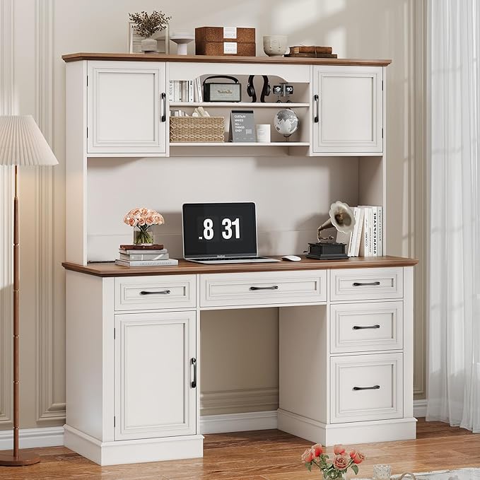 67" H Farmhouse Executive Desk with Hutch. Wood Workstation with 5 Drawers, Storage Cabinet, File Drawers and Charging Station, Ideal as Office Desks, Computer Desk for Home Office and Study