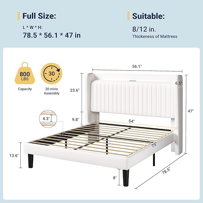 Allewie Full Size Platform Bed Frame with USB Charging Station and Storage Shelf/Upholstered Velvet Wingback Headboard/Wooden Slats Support/No Box Spring Needed/Easy Assembly, White