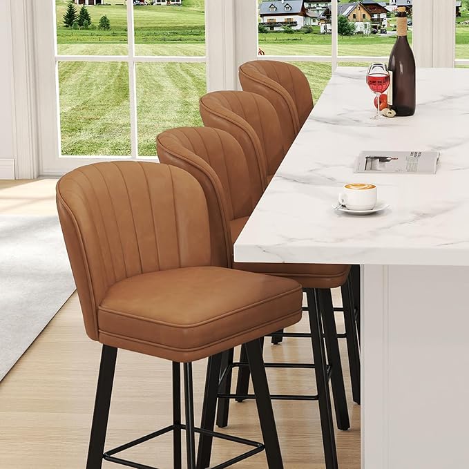 Swivel Counter Height Bar Stools Set of 3, 26'' Modern Barstools with Backs and Metal Legs, Upholstered Bar Chairs, Faux Leather Whiskey Brown Stools for Kitchen Island Chairs