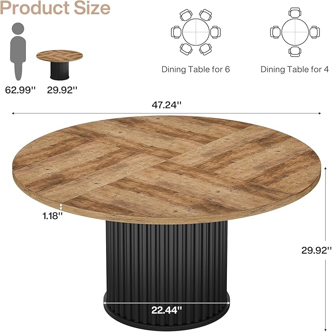 Tribesigns Round Dining Table for 4-6, 47-Inch Modern Circle Kitchen Table with Fluted Round Base, Farmhouse Wood Dinner Table for Dining Room, Kitchen, Living Room, Brown and Black