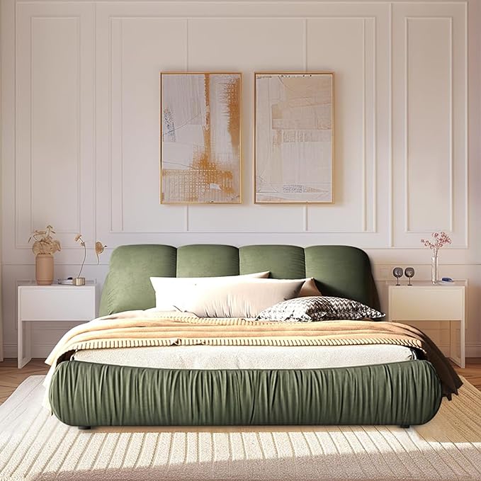 Queen Size Upholstered Platform Bed with Oversized Padded Backrest and Solid Wood Frame for Bedroom, Apartment Room, Green