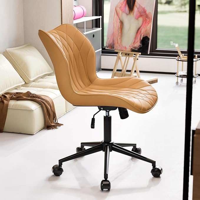 YOUNUOKE Armless Desk Chair Comfy Office Chair with Wheels Home Ergonomic Task Chair Adjustable Computer Chairs Modern Faux Leather Swivel Chair Upholstered Makeup Vanity Chair with Back(Camel)
