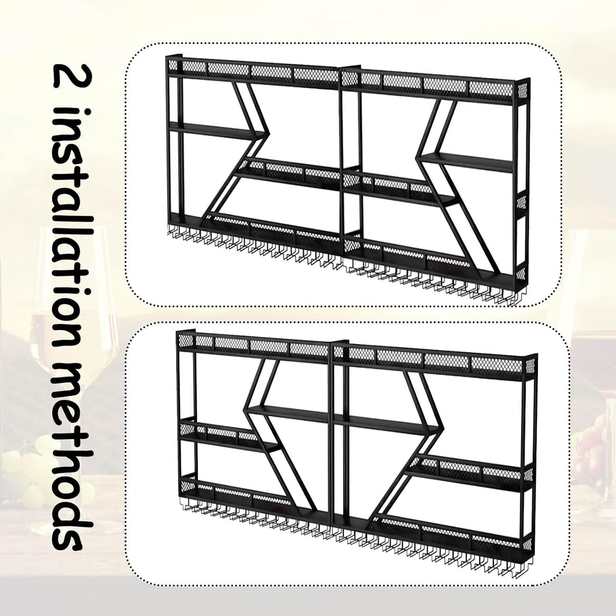 Wall Mounted Wine Rack with Glass Holder, 3-Tier Metal Storage Shelf, Black Diamond Design, Wine Bottle Display with Stemware Storage (Black, 39.37in/Right)