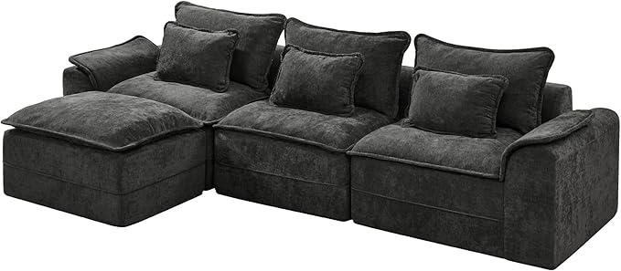 Hobestluk 120" Cloud Modular Sectional Couch 3-Seater Sofa with Ottoman L Shaped Sofa with Removable Cover Large Sofa Couch for Living Room (Dark Grey, 3-Seater Sofa with One Ottoman)