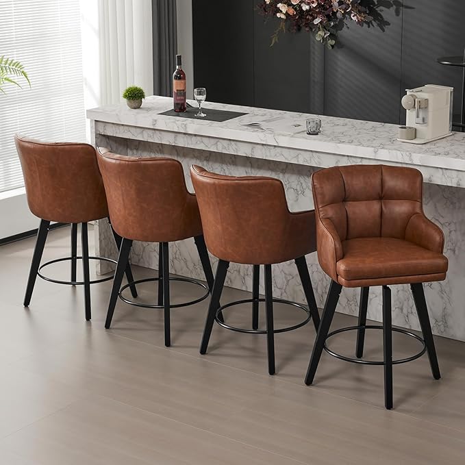 360°Swivel Counter Height Bar Stools with Back, 26 inch Solid Wood Legs, Bar Stool Modern Kitchen Island Chairs, Faux Leather (Brown- Faux Leather, 26" H- Set of 4)