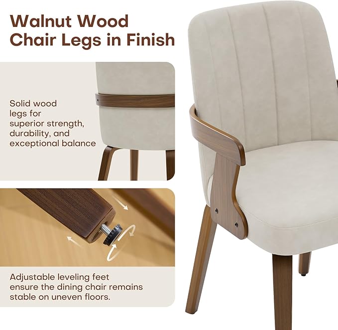 Kitchen Dining Chairs Set of 4, Faux Leather Upholstered Dining Room Chairs with Wood Arms and Legs, Mid Century Modern Kitchen Side Chair for Living, Bedroom, Restaurant, Walnut/Beige