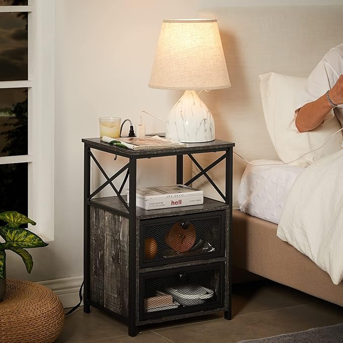 VECELO Misty Gray End Table with USB Ports and Outlets,24 Inch Nightstands with Charging Station and Storage Shelf for Bedroom,Living Room, 2 Set
