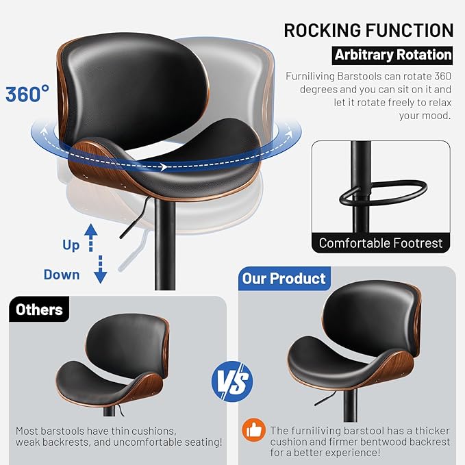 Furniliving Adjustable Bar Stools Set of 2, Swivel Bentwood Barstools Counter Height Bar Stools, Ergonomic Modern Bar Stools with Back Upholstered Barstools for Dining Room, Kitchen, Bar, Black, PU