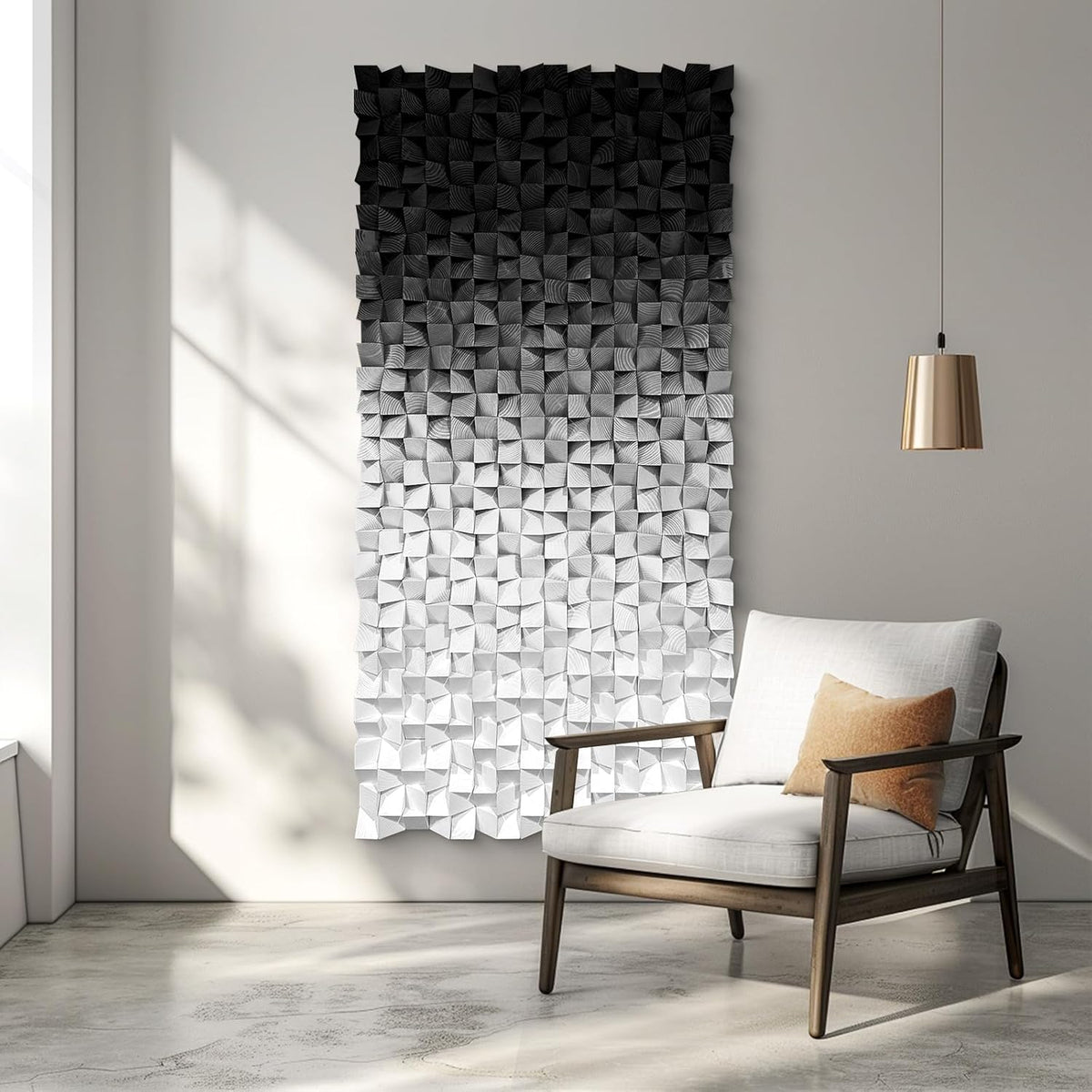 LIUZEYUE - Wooden Block Stereoscopic Painting Geometric Modeling Wall Decoration 3D Wooden Artwork Living Room Bedroom Background Wall Office Decoration Black and White Gradient 23.6 x 47.2 inches