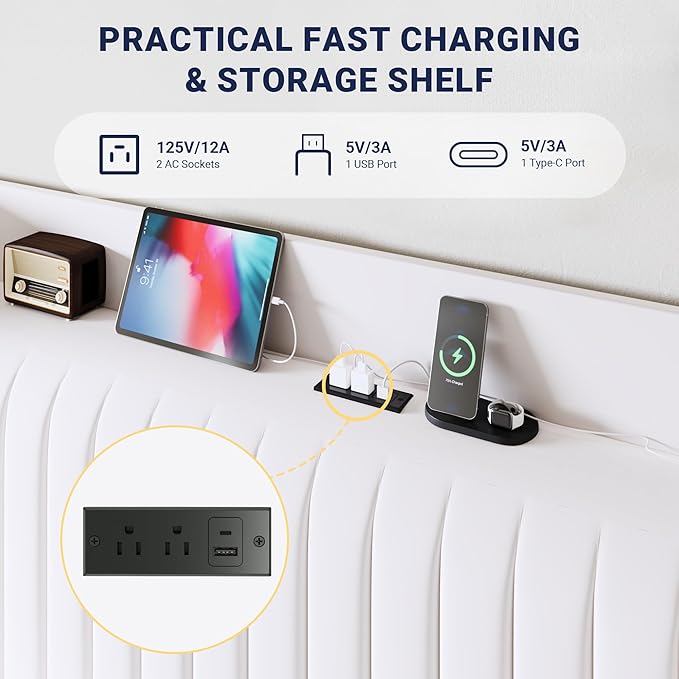Allewie Full Size Platform Bed Frame with USB Charging Station and Storage Shelf/Upholstered Velvet Wingback Headboard/Wooden Slats Support/No Box Spring Needed/Easy Assembly, White