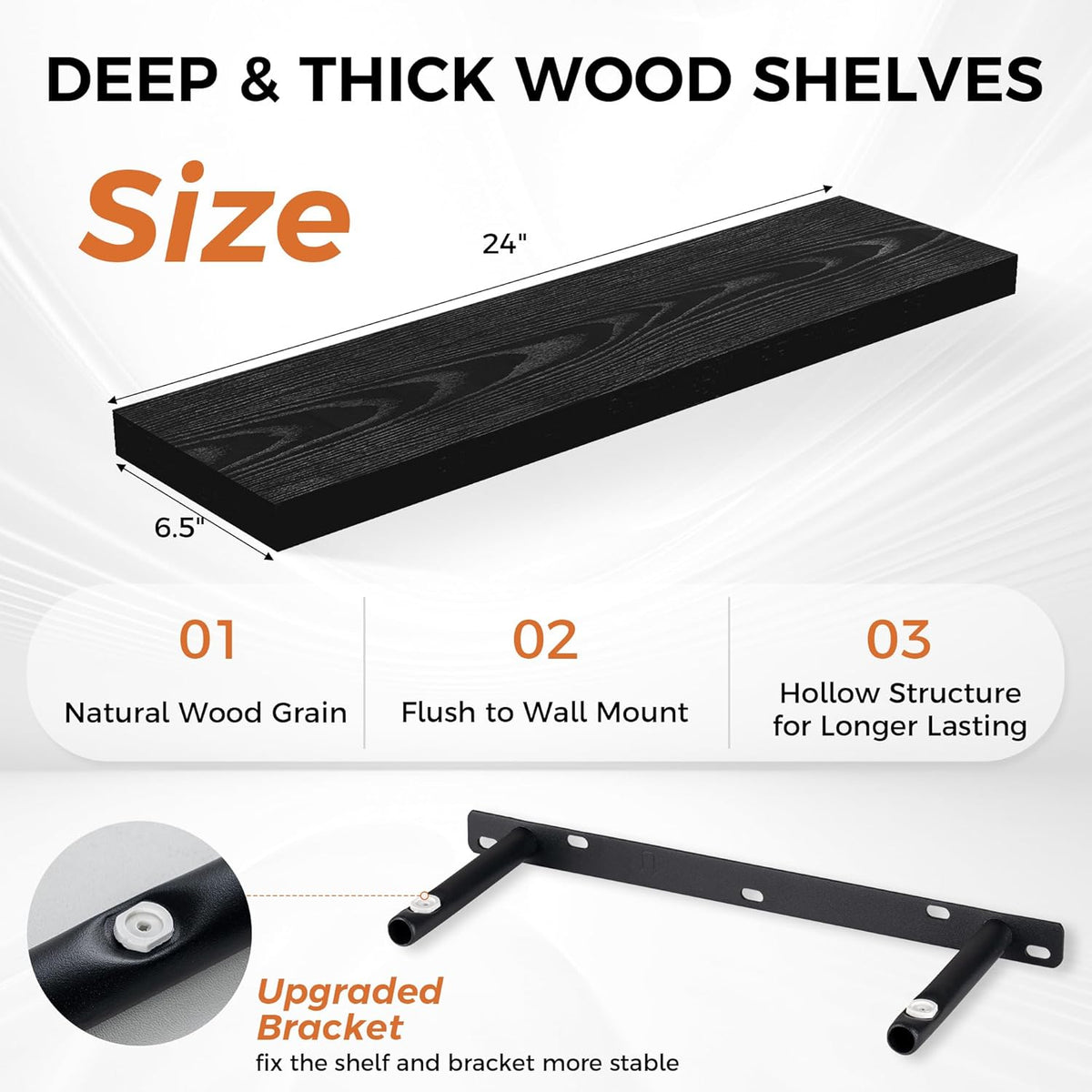 Fun Memories Floating Shelves for Wall, 24" Rustic Wood Deep Wall Mounted Shelves with Invisible Brackets for Decor & Storage, Floating Shelf for Living Room, Bathroom (Black, Set of 2)