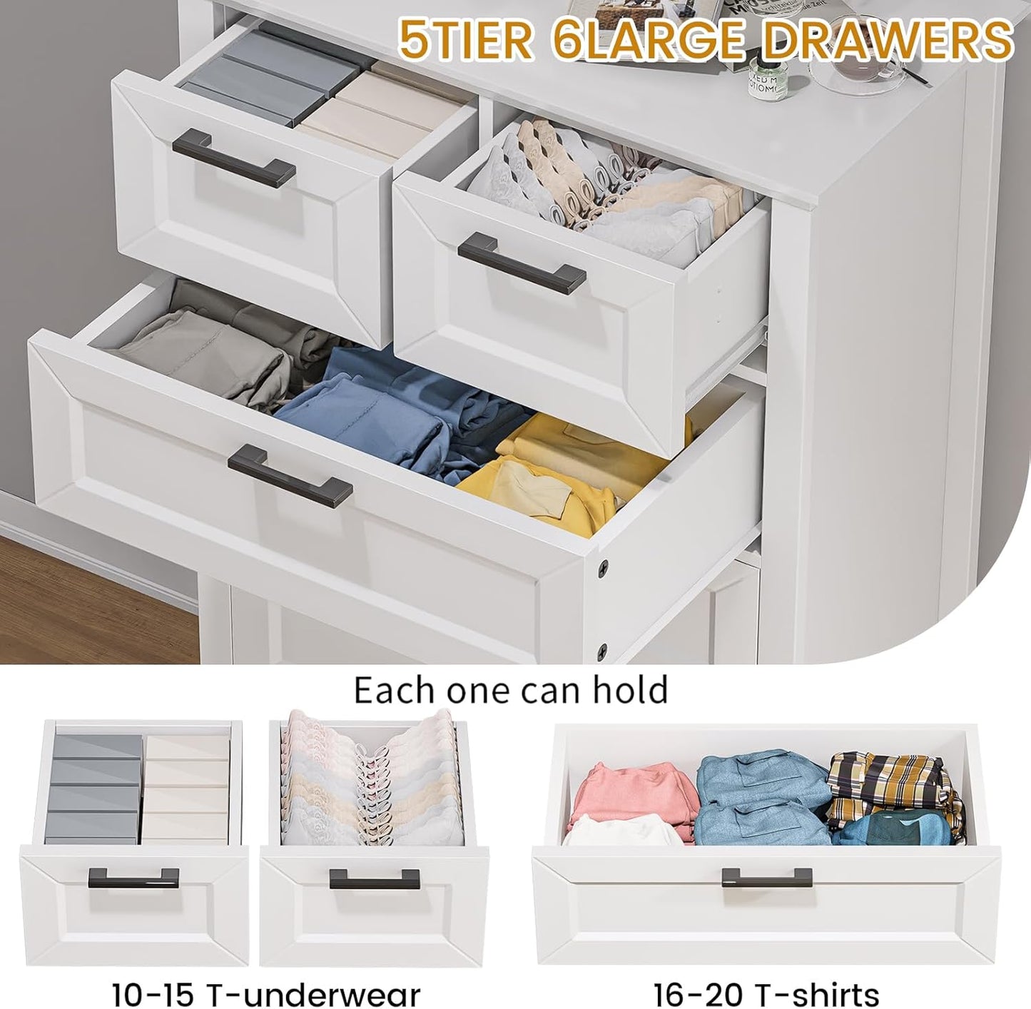 Odeekea White Dresser with 6 Drawers, Vertical Tall Dresser for Bedroom, Chest of Drawers for Nursery, Wood Closet Drawers for Hallway, Living Room, Entryway, 47” Tall Modern Farmhouse Style