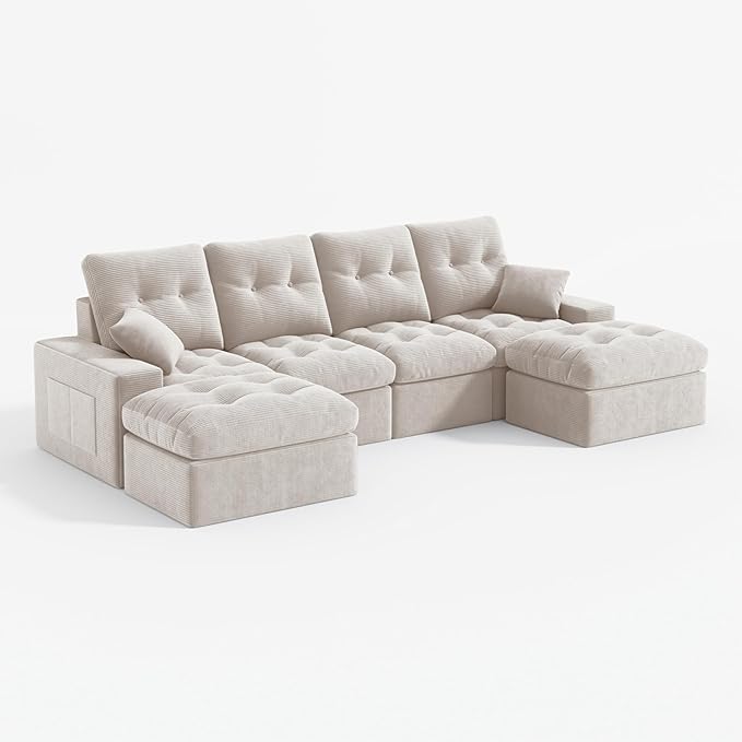High Back Boneless Couch, U Shaped Cloud Couch with Versatile 2-Pack Pillow Blankets, Corduroy Modular Sectional Sofa with Ottoman, No Assemble Sectional Couches for Living Room, Warm White
