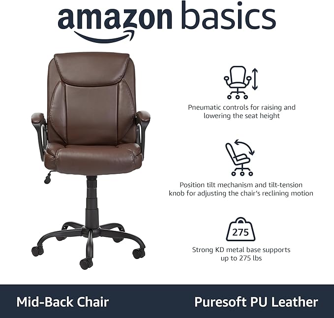 Amazon Basics Classic Puresoft PU Padded Mid-Back Height Adjustable Office Computer Desk Chair with Armrest, 25.75"D x 24.25"W x 42.25"H, Brown