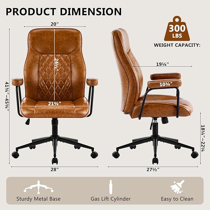 Leather Home Office Desk Chairs, Comfy Office Chair, Mid Century Modern Office Chair with Lumbar Support, Mid-Back Adjustable Swivel Computer Chair with Wheels and Arms, Brown