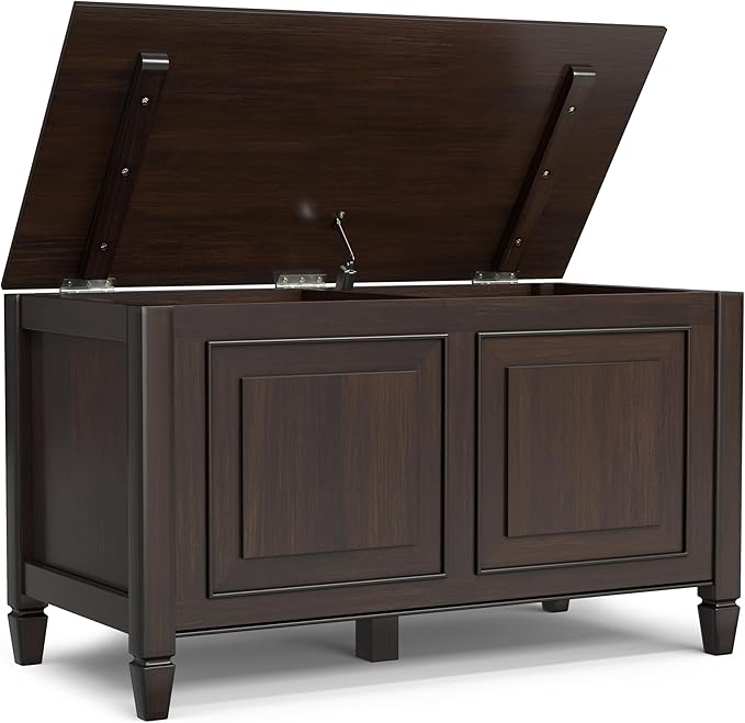 SIMPLIHOME Connaught Storage Bench - 36 inch Wide Solid Wood Small Trunk Bench in Chestnut Brown, Traditional Bench for Entryway with Lift-Up Lid and Dual Hidden Compartments
