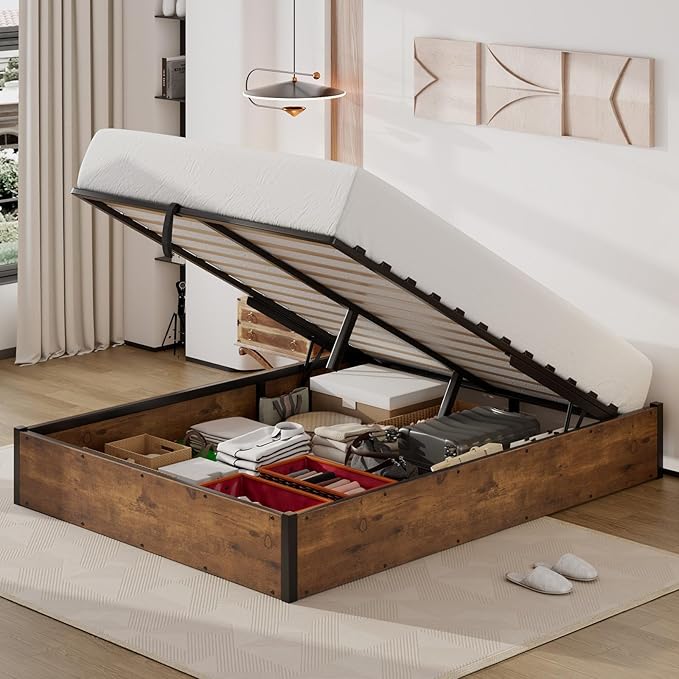 Queen Size Lift-Up Storage Platform Bed Frame, Metal Bed Frame with Wooden Slats Support, Spacious Underneath Storage, No Box Spring Required, Noise-Free, Rustic Brown