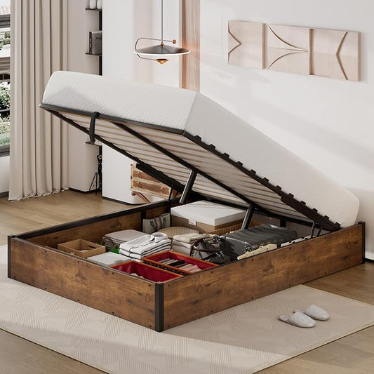 Queen Size Lift-Up Storage Platform Bed Frame, Metal Bed Frame with Wooden Slats Support, Spacious Underneath Storage, No Box Spring Required, Noise-Free, Rustic Brown