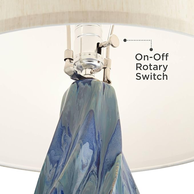 Possini Euro Design Teresa Modern Style 3-Way Table Lamp with Table Top Dimmer 31" Tall Teal Blue Ceramic Beige Fabric Drum Shade for Living Room Bedroom House Bedside Home Entryway (Color