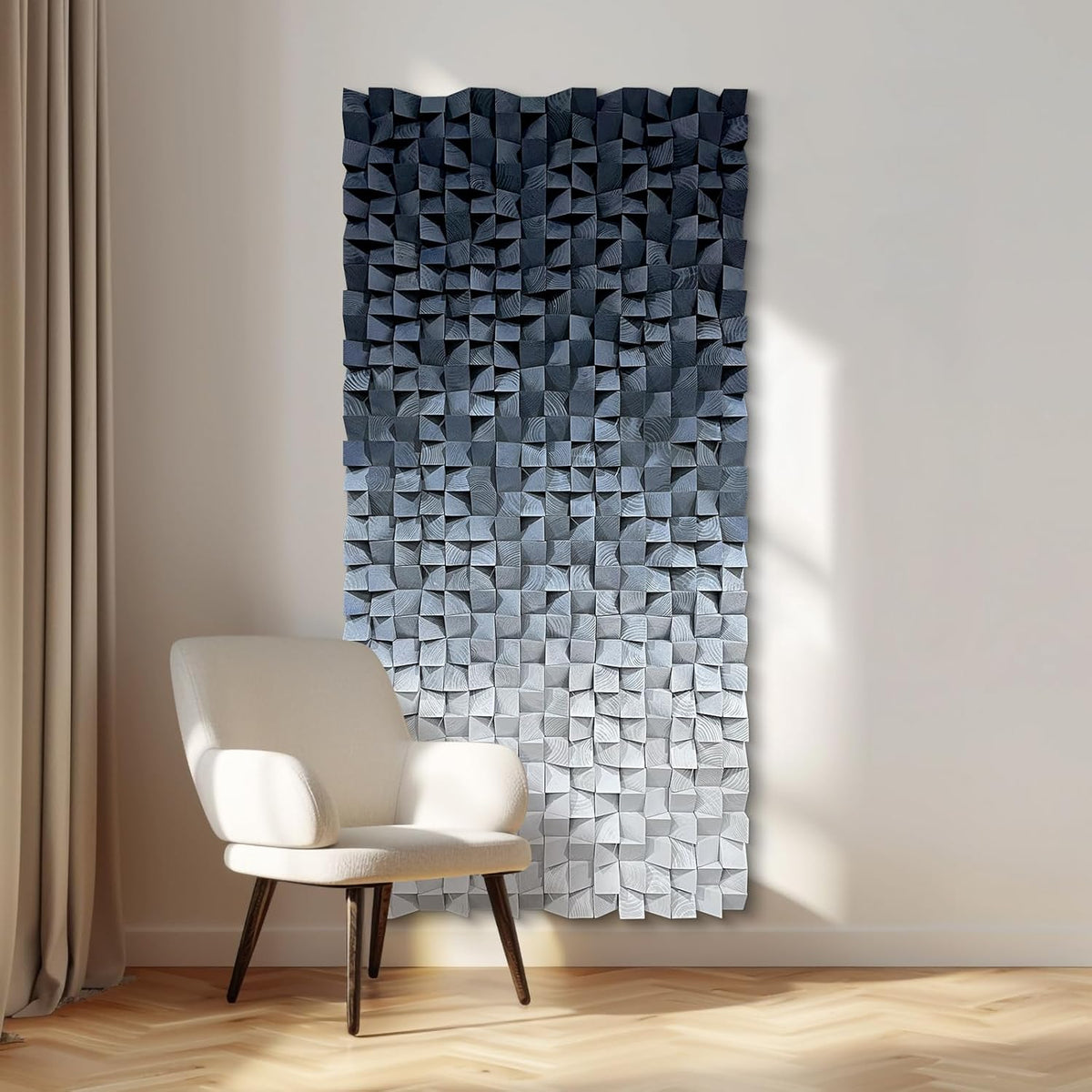 LIUZEYUE - 3D wooden block decoration painting art wall decoration 3D wooden background wall living room bedroom study (blue gray gradient) 27.5"x55.1"