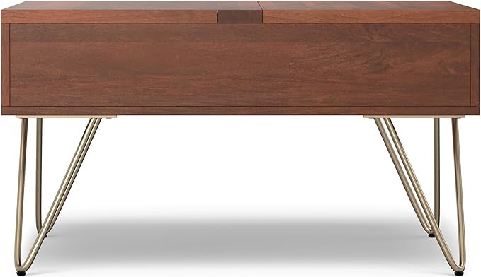 SIMPLIHOME Hunter Lift Top Coffee Table - 32 inch Wide Solid Mango Wood Industrial Square Cocktail Table in Umber Brown, Living Room Table with Dual Lift Tops, Hidden Storage and Gold Hairpin Legs