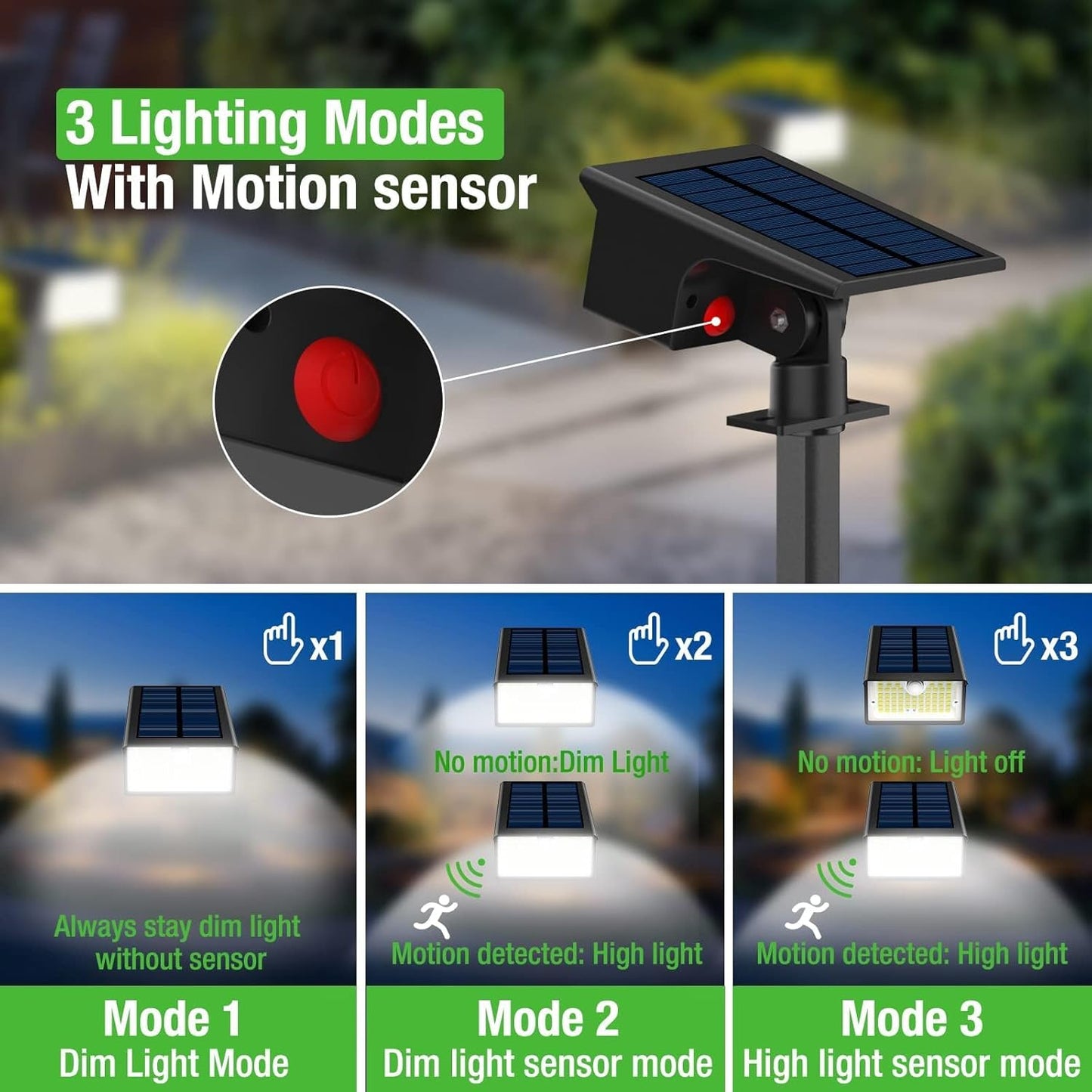Nipify Solar Spot Lights, 3 Modes 62LED Outdoor Motion Sensor, Waterproof 2-in-1 Solar Landscape Lighting LED Garden Lights for Outside Yard Wall Pathway Walkway, 1 Pack