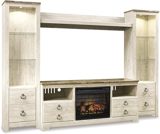 Signature Design by Ashley Entertainment Accessories Vintage 4-Piece Entertainment Center for TVs up to 72" with Electric Fireplace and LED Lights, Whitewash